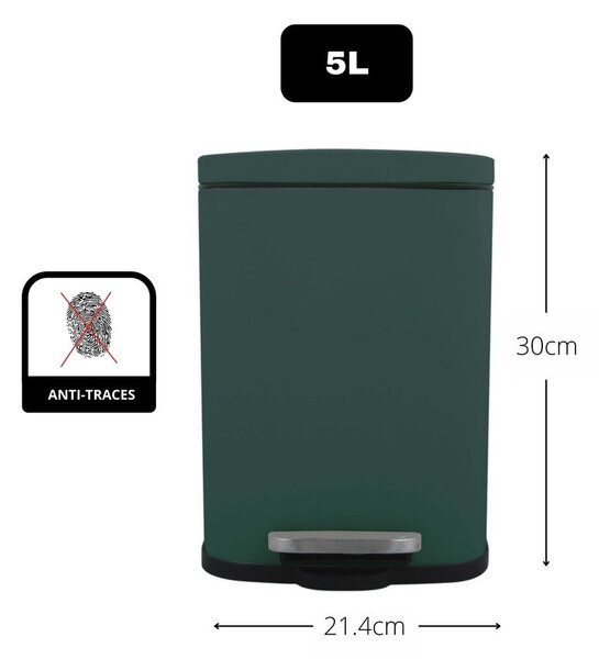 Cestino per la spazzatura verde scuro in acciaio con pedale 5 l Akira – Spirella