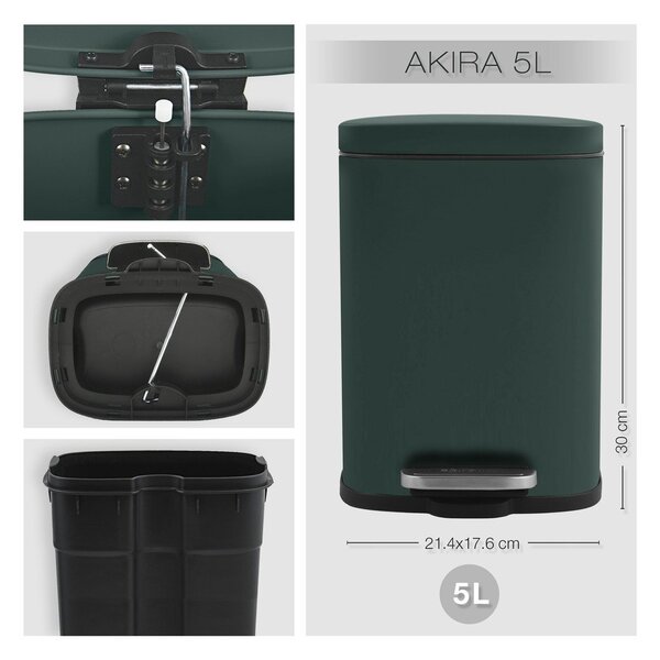 Cestino per la spazzatura verde scuro in acciaio con pedale 5 l Akira – Spirella