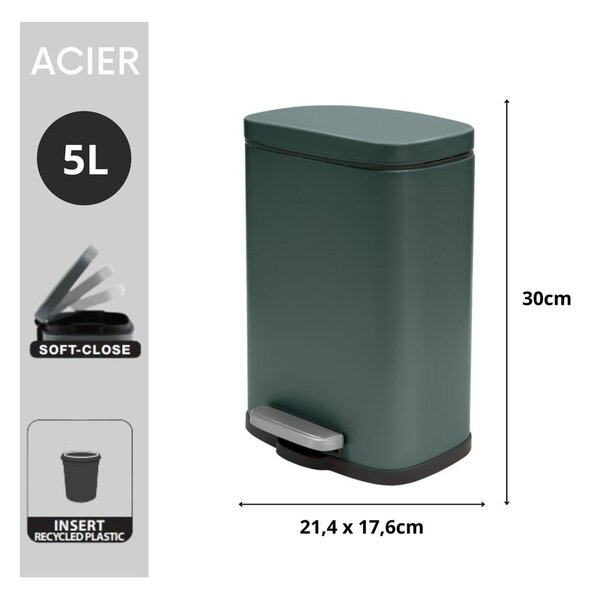 Cestino per la spazzatura verde scuro in acciaio con pedale 5 l Akira – Spirella
