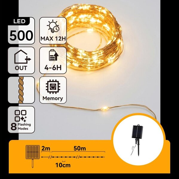 Aigostar - Catena luminosa solare a LED per Natale, 500 LED / 8 funzioni, 52 m, IP65, bianco caldo, 1200 mAh