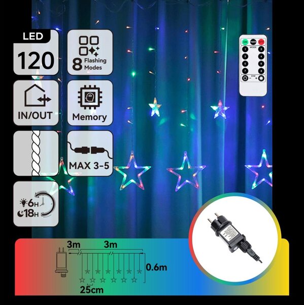 Aigostar - Catena luminosa natalizia LED per esterni 120 LED/8 funzioni 6x0,6 m IP44 multicolore + telecomando