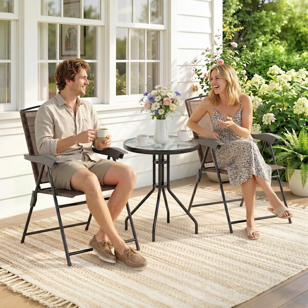 Outsunny Set Arredo per Esterni con Tavolino in Vetro e Sedie, Set Mobili 3pz Pieghevole Marrone|Aosom