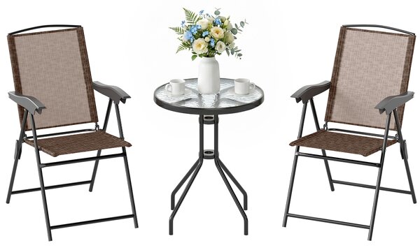 Outsunny Set Arredo per Esterni con Tavolino in Vetro e Sedie, Set Mobili 3pz Pieghevole Marrone|Aosom