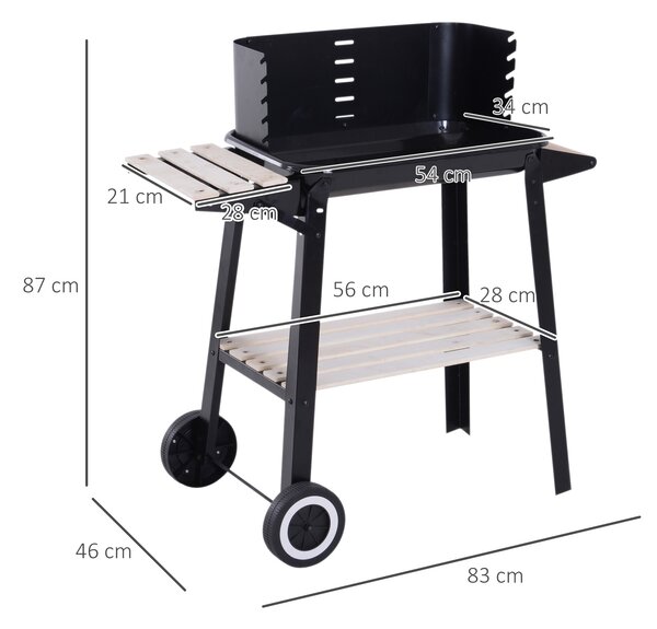 Outsunny Griglia a Carbone Barbecue BBQ Carrello Grill per Picnic con Ruote da Balcone Giardino in Ferro e Legno 83 × 45 × 87 cm Nero|Aosom