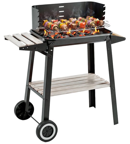 Outsunny Griglia a Carbone Barbecue BBQ Carrello Grill per Picnic con Ruote da Balcone Giardino in Ferro e Legno 83 × 45 × 87 cm Nero|Aosom