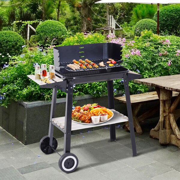 Outsunny Griglia a Carbone Barbecue BBQ Carrello Grill per Picnic con Ruote da Balcone Giardino in Ferro e Legno 83 × 45 × 87 cm Nero|Aosom