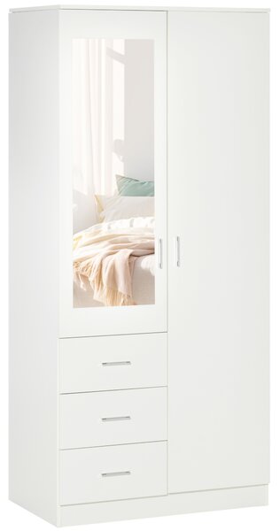 HOMCOM Armadio Moderno Guardaroba 2 Ante con Specchio e 3 Cassetti, Mensole Regolabili e Barra Appendiabiti, 80x50x180cm, Bianco|Aosom