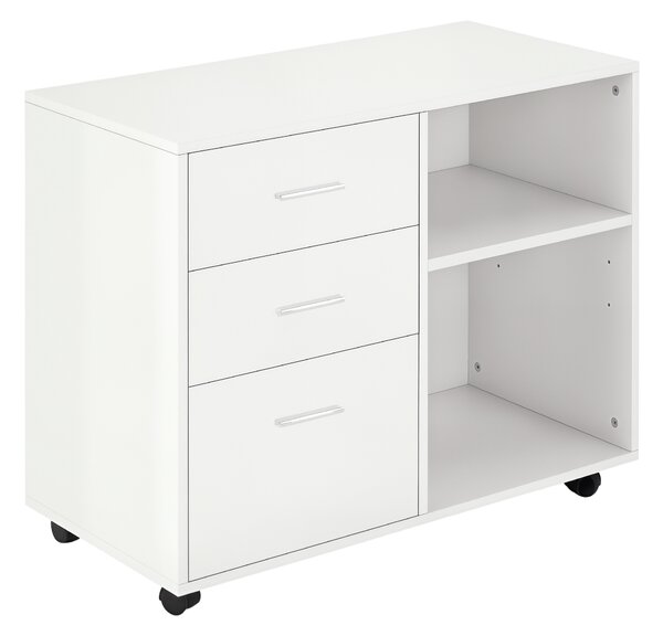 HOMCOM Mobile Porta Stampante con 3 Cassetti in Legno, Mobile Ufficio Multiuso con 4 Ruote e Ripiani Aperti, 80x40x65cm, Bianco|Aosom