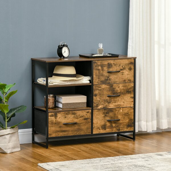 HOMCOM Cassettiera con 4 Cassetti in Tessuto Pieghevole e 2 Ripiani Aperti, in Stile Industriale, 84x30x71.5cm, Marrone | Aosom
