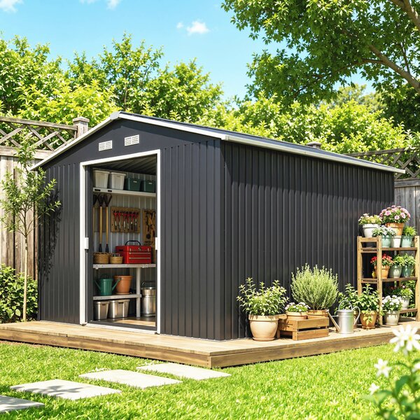 Outsunny Casetta da Giardino con 2 Porte Scorrevoli e 4 Prese d'Aria, in Acciaio e PP, 322x277x192 cm, Grigio | Aosom Italy