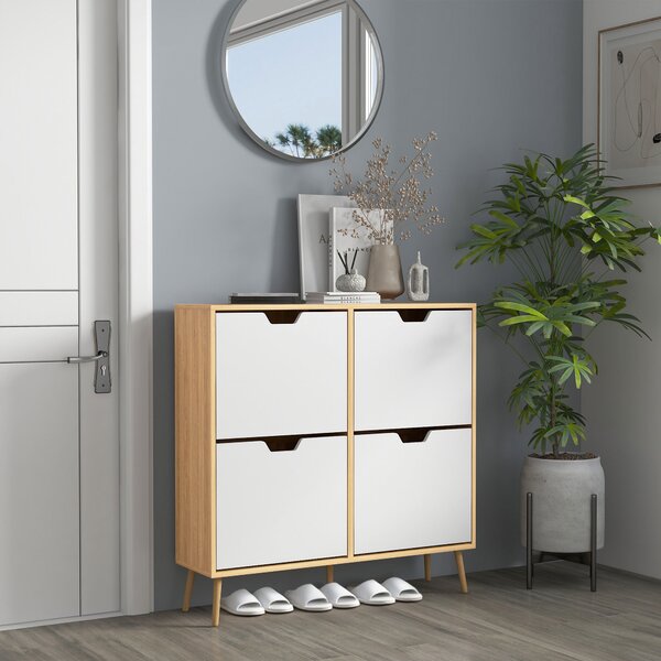 HOMCOM Mobile Scarpiera in Truciolato e Pino con 4 Cassetti e 2 Ripiani Regolabili per ogni Cassetto, 95x26x95 cm|Aosom