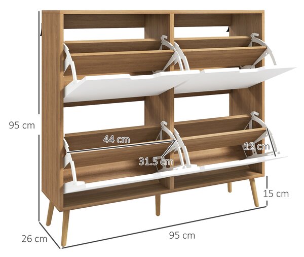 HOMCOM Mobile Scarpiera in Truciolato e Pino con 4 Cassetti e 2 Ripiani Regolabili per ogni Cassetto, 95x26x95 cm|Aosom