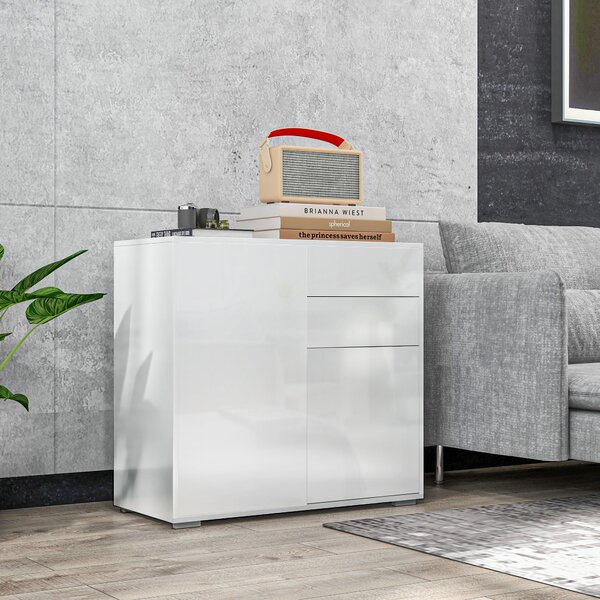 HOMCOM Credenza Moderna con 2 Armadietti e 2 Cassetti con Apertura a Pressione, 79x36x74cm, Bianco Lucido