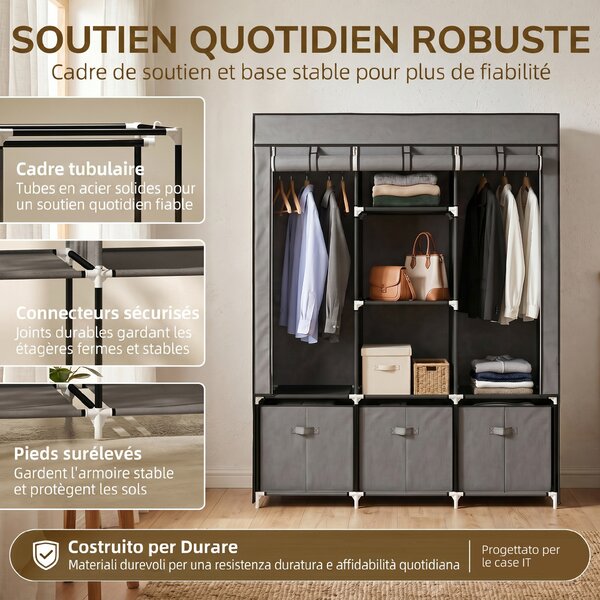 HOMCOM Armadio in Tessuto Pieghevole con Cassetti e Ante Avvolgibili con Zip, 125x43x162.5cm, Grigio Scuro|Aosom