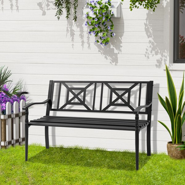 Outsunny Panchina da Giardino in Acciaio a 2 Posti con Schienale Alto e Braccioli, 128x62.5x81.5 cm, Nero|Aosom