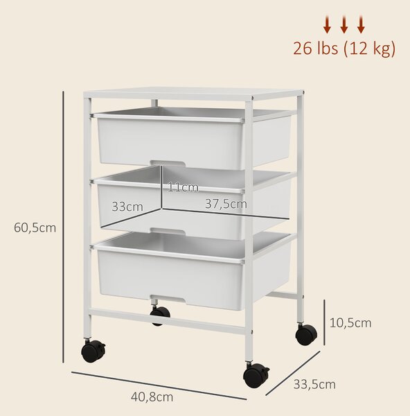 HOMCOM Carrello Multiuso con 3 Cestini Estraibili e Ruote per Cucina e Ufficio in Acciaio e PP, Bianco|Aosom