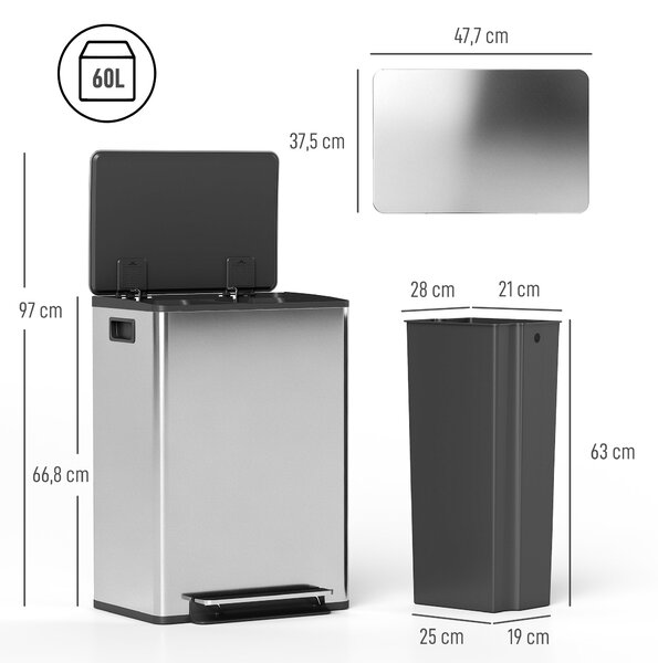 HOMCOM Bidone Immondizia a 2 Sezioni da 30L a Pedale con Coperchio Silenzioso, in Acciaio Inox e PP, 47.7x37.5x66.8 cm