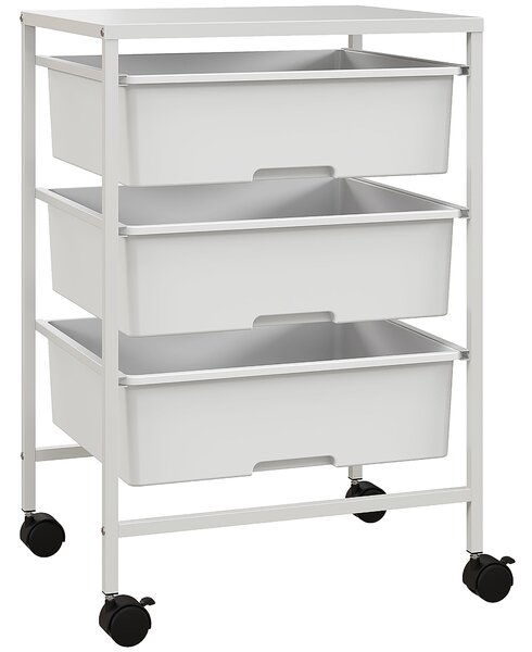 HOMCOM Carrello Multiuso con 3 Cestini Estraibili e Ruote per Cucina e Ufficio in Acciaio e PP, Bianco|Aosom
