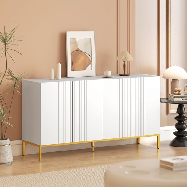 HOMCOM Credenza Moderna a righe verticali con 2 armadietti e 2 ante, Chiusura Ammortizzata e Mensole Regolabili, 140x40x75cm, Bianco e Oro|Aosom Italy