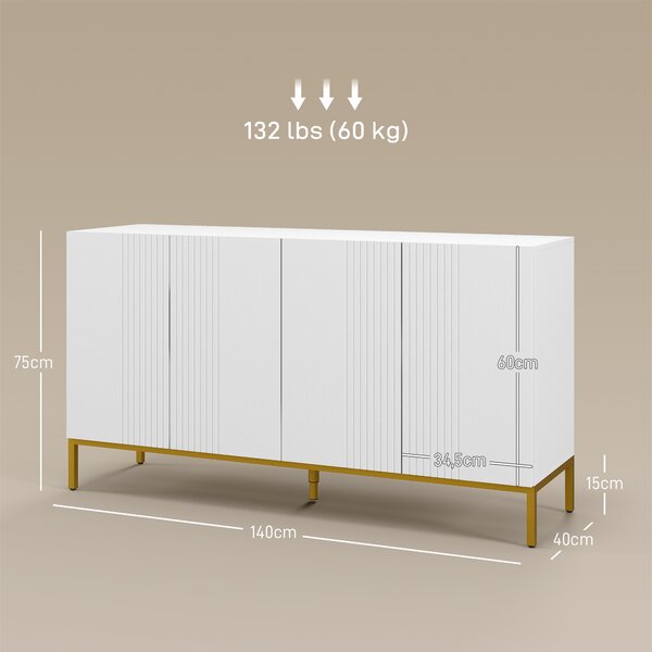 HOMCOM Credenza Moderna a righe verticali con 2 armadietti e 2 ante, Chiusura Ammortizzata e Mensole Regolabili, 140x40x75cm, Bianco e Oro|Aosom Italy