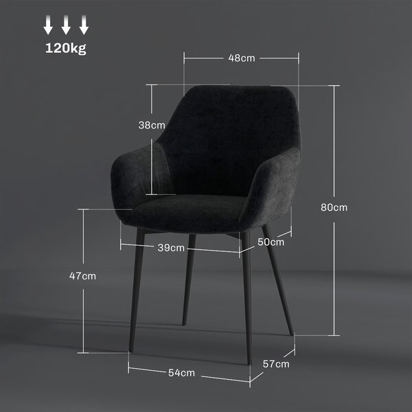 HOMCOM Set 2 Sedie per Sala da Pranzo Moderne con Braccioli, Seduta Imbottita e Gambe in Acciaio, 54x57x80cm, Nero