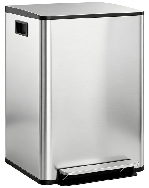 HOMCOM Bidone Immondizia a 2 Sezioni da 30L a Pedale con Coperchio Silenzioso, in Acciaio Inox e PP, 47.7x37.5x66.8 cm