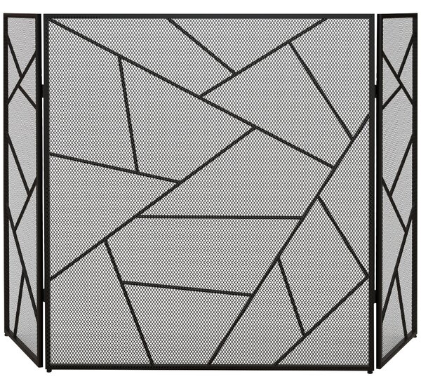 HOMCOM Parascintille per Camino Pieghevole a 3 Pannelli in Acciaio con Design Geometrico, 135x1.2x85cm, Nero