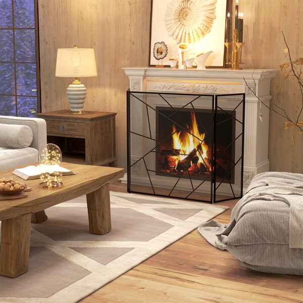 HOMCOM Parascintille per Camino Pieghevole a 3 Pannelli in Acciaio con Design Geometrico, 135x1.2x85cm, Nero