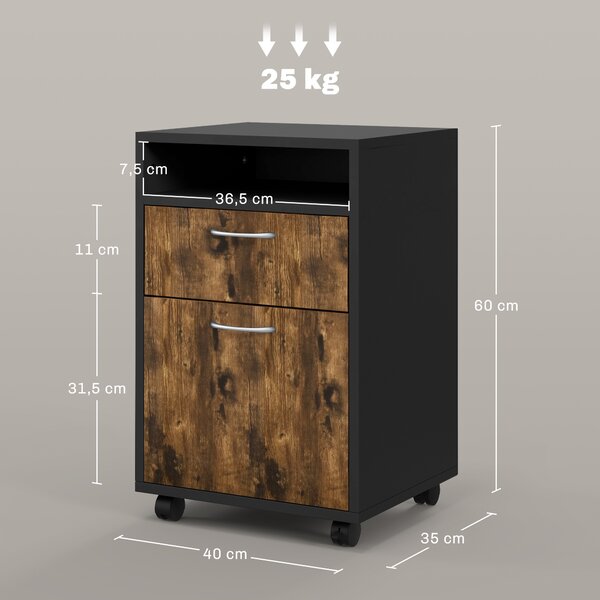 HOMCOM Cassettiera Portadocumenti con Cassetti e Ripiani, 4 Ruote, Maniglie in Metallo, Struttura in MDF, 40x35x60 cm, Marrone e Nero | Aosom Italy