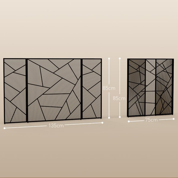 HOMCOM Parascintille per Camino Pieghevole a 3 Pannelli in Acciaio con Design Geometrico, 135x1.2x85cm, Nero