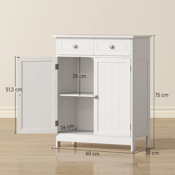 Kleankin credenza Moderno Bagno e cucina a 2 Ante con Ripiano Regolabile e 2 Cassetti in Legno,Design anti-ribaltamento, 60x30x75 cm, Bianco |Aosom Italy