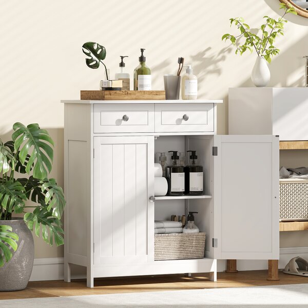 Kleankin credenza Moderno Bagno e cucina a 2 Ante con Ripiano Regolabile e 2 Cassetti in Legno,Design anti-ribaltamento, 60x30x75 cm, Bianco |Aosom Italy