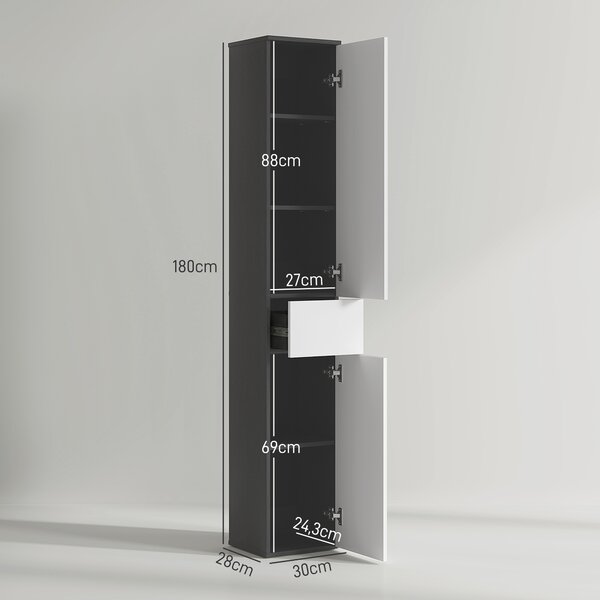 Kleankin Colonna Bagno Salvaspazio in Legno con 2 Armadietti e Cassetto, 30x28x180 cm, Nero