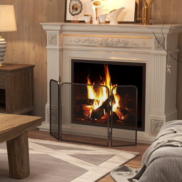 HOMCOM Parascintille Camino Pieghevole a 3 Pannelli in Metallo, 96x1.3x56 cm, Nero