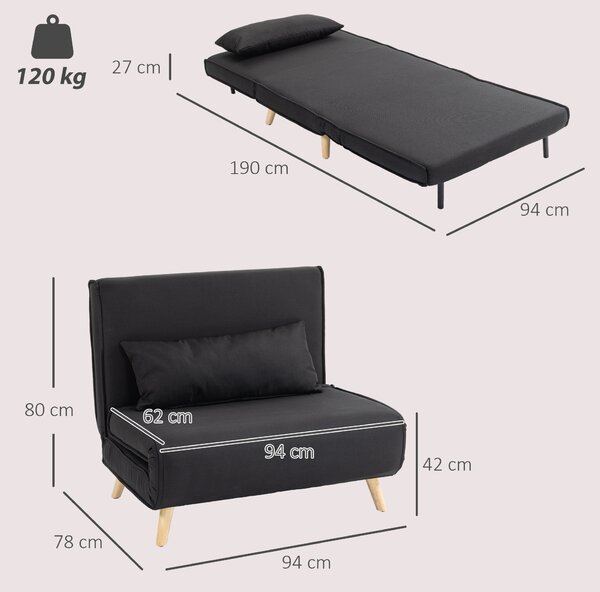 HOMCOM Poltrona Letto 3 in 1 con Schienale Reclinabile su 6 Posizioni in Tessuto, 94x78x80 cm, Nero | Aosom Italy