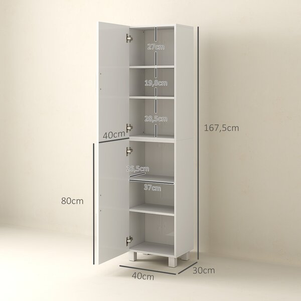 HOMCOM Colonna Bagno Moderna con 2 Armadietti e Ripiani Regolabili, 40x30x167.5 cm, Bianco