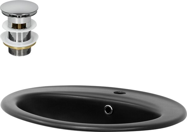 Lavabo LuxeBath Lavabo da appoggio ovale, 57x48,5x19,5 cm, nero, in Vetroceramica, incl. set di scarico con troppopieno