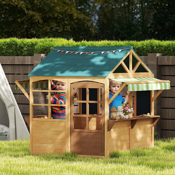 AIYAPLAY Casetta per Bambini 3-8 Anni con 5 Finestre e 2 Lavagne, in Legno di Abete, 173x117x144 cm, Marrone e Blu