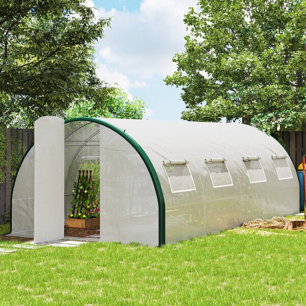 Outsunny Serra a Tunnel 6x3 m con 2 Ingressi e 8 Finestre, in PE, Poliestere e Acciaio Zincato, Bianco e Verde|Aosom