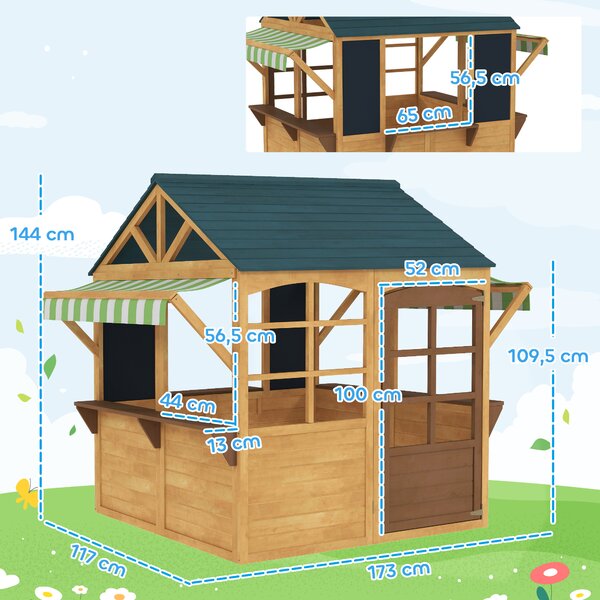 AIYAPLAY Casetta per Bambini 3-8 Anni con 5 Finestre e 2 Lavagne, in Legno di Abete, 173x117x144 cm, Marrone e Blu