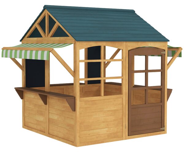 AIYAPLAY Casetta per Bambini 3-8 Anni con 5 Finestre e 2 Lavagne, in Legno di Abete, 173x117x144 cm, Marrone e Blu