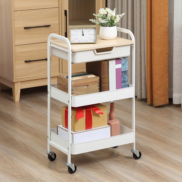 HOMCOM Carrello Cucina Multiuso con Ruote Girevoli, 2 Cesti, Cassetto e Piano in Legno, Bianco | Aosom Italy