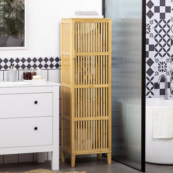 HOMCOM Mobile Bagno Stretto in Bambù, Mobiletto Bagno Salvaspazio con 4 Ripiani e Porta a Doghe, 40x30x140 cm, Naturale | Aosom Italy