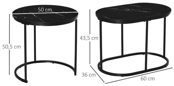 HOMCOM Set 2 Tavolini da Caffè con Piano Effetto Marmo, in Legno e Acciaio, Ø50x50.5 cm e 60x36x43.5 cm, Nero | Aosom Italy