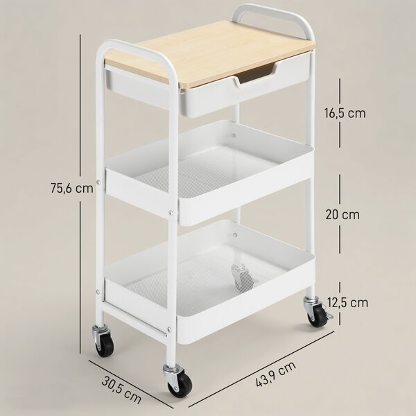 HOMCOM Carrello Cucina Multiuso con Ruote Girevoli, 2 Cesti, Cassetto e Piano in Legno, Bianco | Aosom Italy