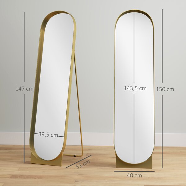 HOMCOM Specchio da Terra Moderno con Telaio in Metallo Autoportante o da Parete, 40x150 cm, Oro | Aosom Italy
