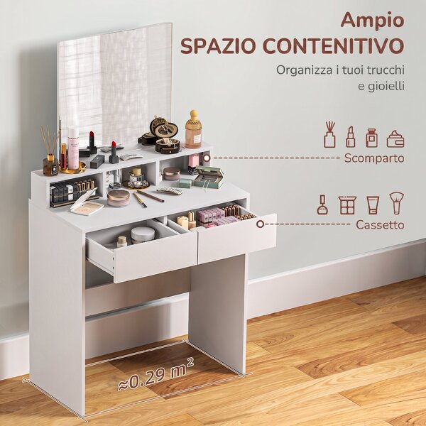 HOMCOM Postazione Trucco con Specchio, Toeletta Trucco con 2 Cassetti, 3 Scomparti, Salvaspazio, per Camera da Letto, Bianco | Aosom Italy