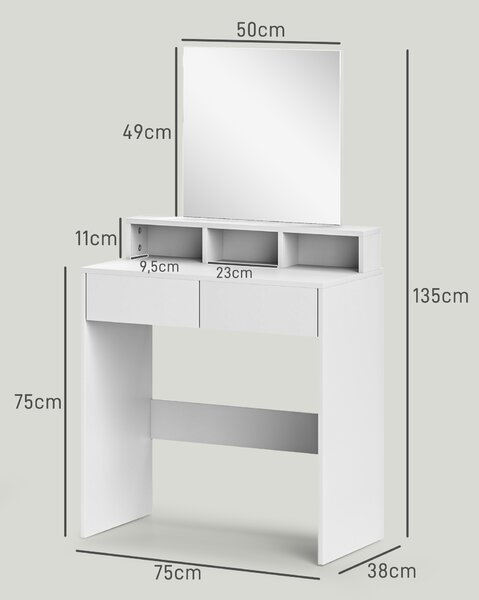 HOMCOM Postazione Trucco con Specchio, Toeletta Trucco con 2 Cassetti, 3 Scomparti, Salvaspazio, per Camera da Letto, Bianco | Aosom Italy