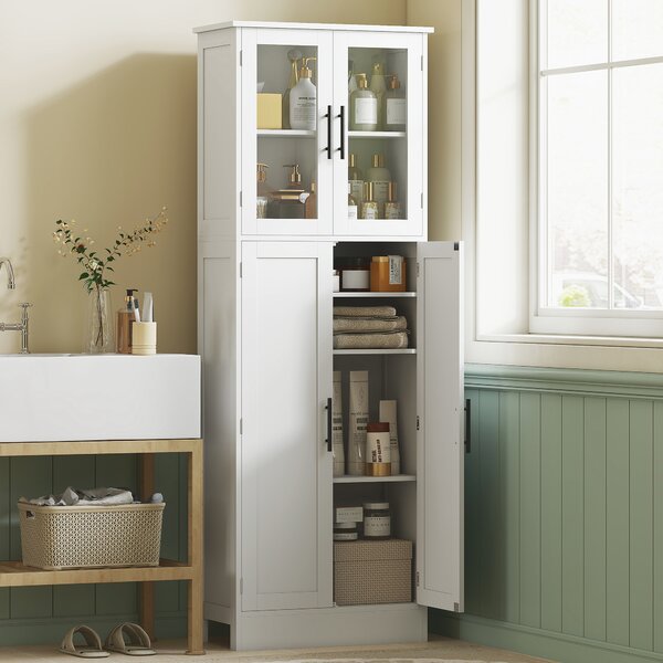 HOMCOM Mobile Bagno Alto con Ripiani Regolabili, Ante in Vetro e Legno, 60x30x170 cm, Bianco | Aosom Italy