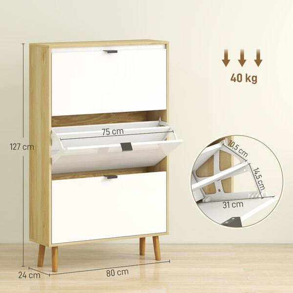 HOMCOM Scarpiera Slim Moderna con 3 Cassetti Ribaltabili per 24 Paia di Scarpe, 80x24x127 cm, Bianco | Aosom Italy